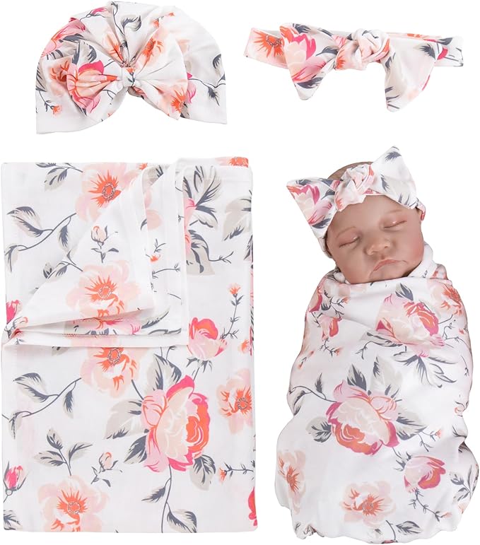 Aori Reborn Doll Clothes Accessories Newborn Receiving Blanket for Newborn Girl Doll with Matching Bow Hat and Bow Headband Swaddle Set for 17-20" Reborn Dolls