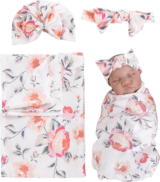 Aori Reborn Doll Clothes Accessories Newborn Receiving Blanket for Newborn Girl Doll with Matching Bow Hat and Bow Headband Swaddle Set for 17-20" Reborn Dolls