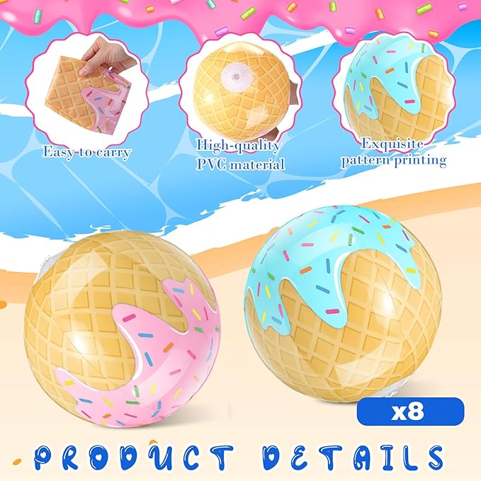 8 Pack Ice Cream Themed Beach Ball 7.87" Bulk for Summer Pool and Beach Game Gifts Birthday Party Supplies Decorations Favor Blue and Pink