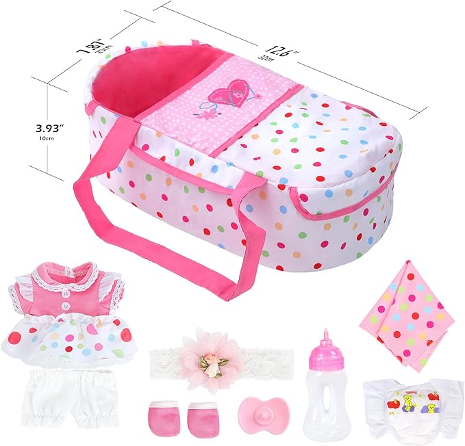 DONTNO 12 Inch Baby Doll with Bassinet Bed,Reborn Alive Doll Includes Clothes and Accessories,Bottles,Nipple,Diaper,Burp Cloth,First Baby Dolls for Toddlers 36 Months and Up