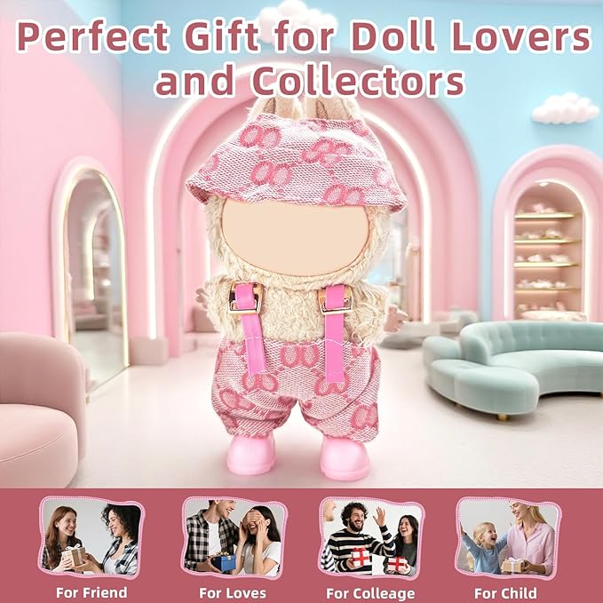 Clothes for Labubu 17cm Doll (NO Doll), 3 Piece Labubu Clothes Set, Cute Labubu Outfits with Accessories, Handmade Crochet La Bubu Doll Dress Up Set（Upstart Set）