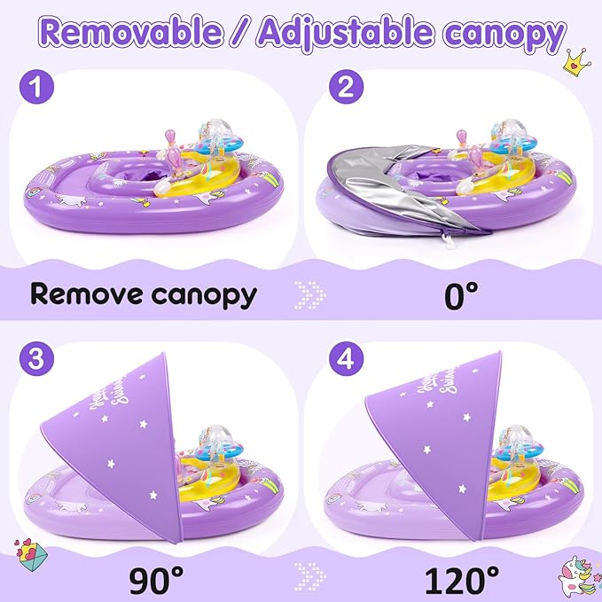 EZIGO Baby Pool Float with Canopy UPF50+ Sun Protection, Inflatable Kids Pool Floats with Ocean Animal Toys for Baby 6-36 Months, Infant Swimming Float with Adjustable Safety Seat for Boys Girls