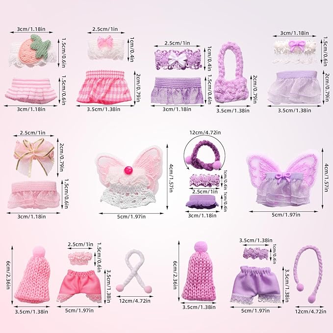 10 Sets 3in/7.5-8cm Doll Clothes Outfits, Including Tiny Tops Skirts Pants Hats Scarfs Wings Small Doll Fashion Accessories Mini Baby Costume for Display & Decoration (Pink, Purple)