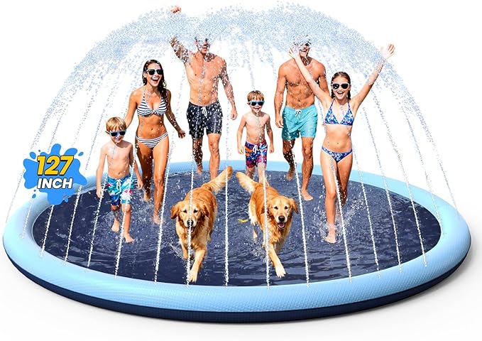 VISTOP Non-Slip Splash Pad for Kids and Dog, Thicken Sprinkler Pool Summer Outdoor Water Toys - Fun Backyard Fountain Play Mat for Baby Girls Boys Children or Pet Dog (127 inch, Blue&Blue)