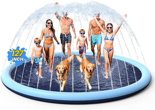 VISTOP Non-Slip Splash Pad for Kids and Dog, Thicken Sprinkler Pool Summer Outdoor Water Toys - Fun Backyard Fountain Play Mat for Baby Girls Boys Children or Pet Dog (127 inch, Blue&Blue)