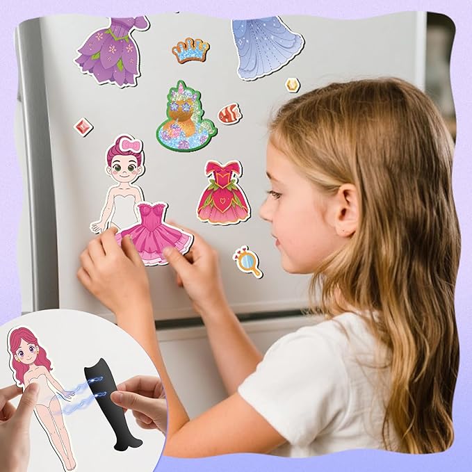 Magnetic Dress Up Dolls Girls, Princess Mermaid Fairy Ballerina Magnet Paper Dolls Kit with DIY Foil Art Craft Kit for Girls Age 4-7, Road Trip Airplane Car Activities Travel Toy Games Easter Gift