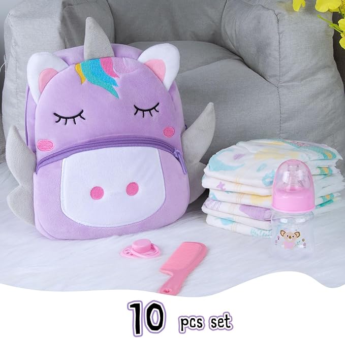 10 Pcs Reborn Baby Doll Diaper Bag Care and Feeding Set for 17-24 inches Reborn Dolls Newborn Baby Accessories with Unicorn Backpack Diapers Pacifier Bottle Comb