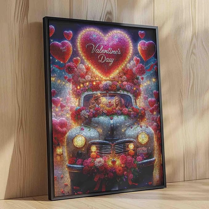 Valentine's Puzzle 1000 Pieces Puzzles for Adults, Heart Balloons Decorate Car Jigsaw Puzzles for Challenging Family Activity Games DIY Puzzle for Home Wall Decor Gifts - 19.7 x 27.6 Inches
