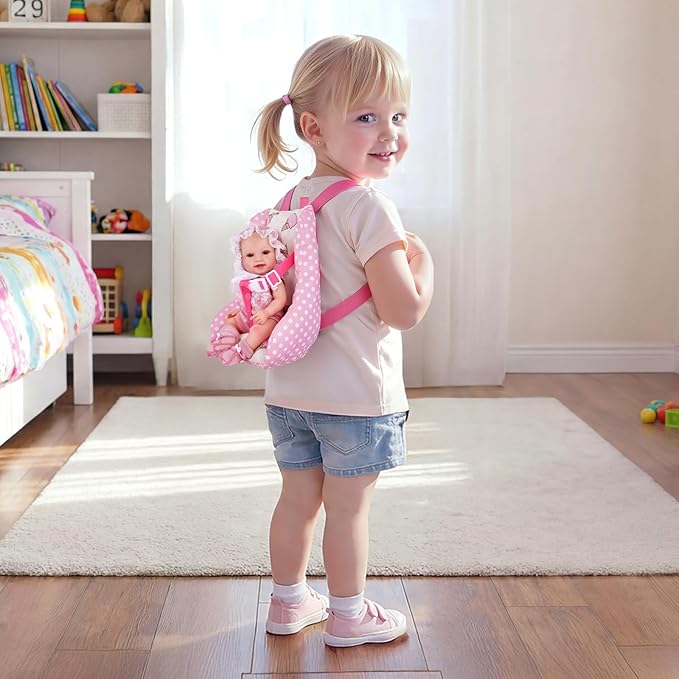 BABESIDE Baby Doll Carrier Set – Realistic Baby Doll Accessories with Carrier, Bib, Rattle, Bottle & Feeding Toys for 10–12 Inch Dolls（Not Doll）