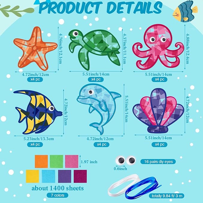 24 Sets Paper Crafts Kit with Colored Tissue Paper Sticker Tools Hanging Ornaments Suncatcher for Window Classroom Activity (24 Sets,Ocean)