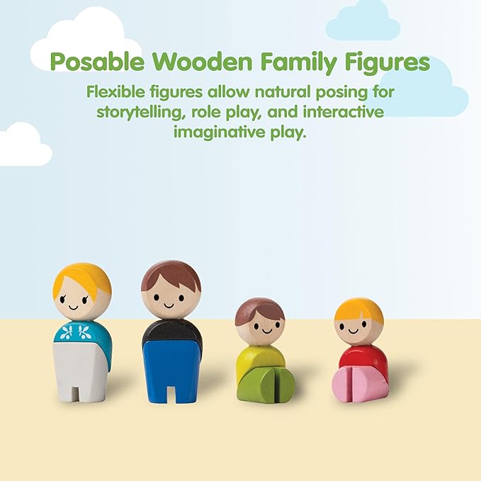 PlanToys® Family Wooden Dollhouse Figurine Set | 4 Poseable 1:12 Scale Mini Dolls (Parents & Kids) | Dollhouse Accessories for Pretend Play | Eco-Friendly Montessori Toy for Kids Ages 3+