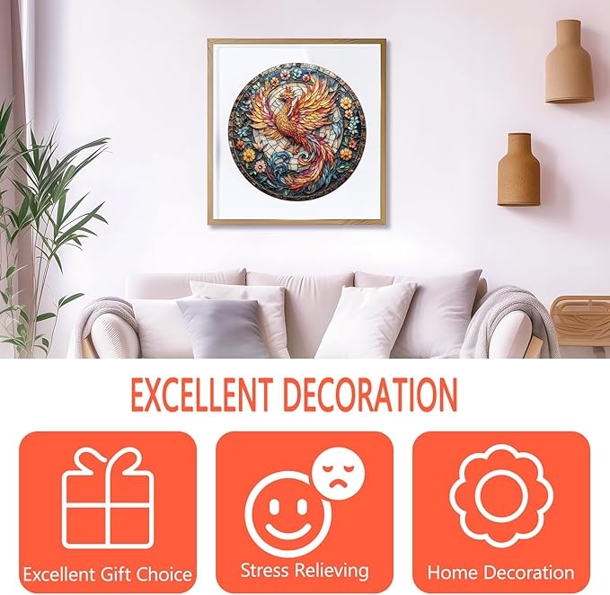Wooden Puzzles for Adults - Stained Glass Phoenix Wooden Puzzle, Unique Shape Wood Jigsaw Puzzle for Adults, Wood Puzzles Adult, Gifts for Family, Wall Art Home Decor (100pcs 8.5 * 8.5in S)