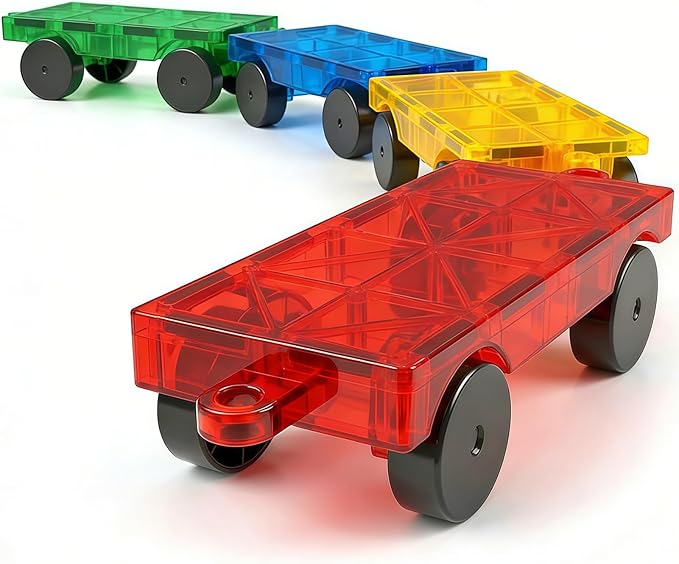 Magnetic Tiles Cars Construction Set, 4 PCS Magnet Cars Magnetic Building Blocks Toy for Kids Ages 4-8 3-5 Magnet Bricks Truck Kit Educational Sensory Toys Gifts for 3+ Year Old Boys & Girls Christmas