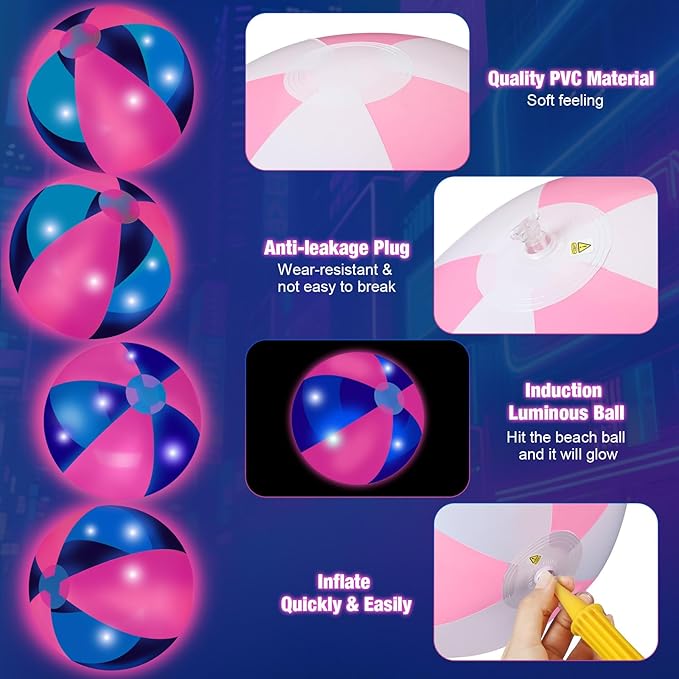 12 Pcs Light up Beach Balls 16'' Jumbo Pool LED Balls Glow in The Dark Neon Giant Inflatable for Summer Hawaiian Tropical Theme Beach Party Decor Water Accessory (Pink)