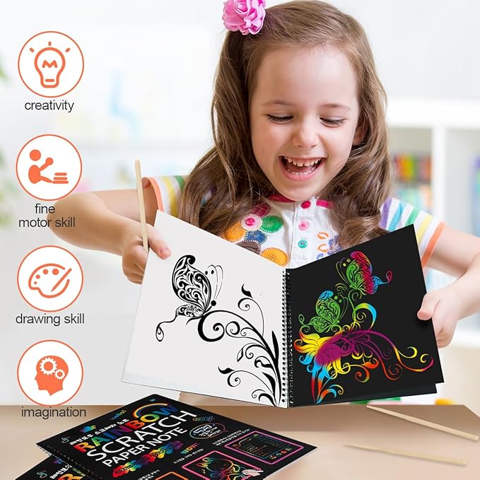 Mocoosy 3 Pack Rainbow Scratch Art Paper Notebooks, Spiral Bound Magic Scratch Pads for Kids Arts Crafts Supplies, Black Sketch Note Coloring Activity Book Easter Basket Stuffer Gifts for Girls Boys