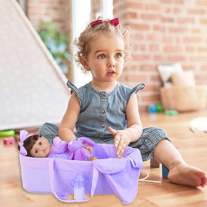 11 Pcs Baby Doll Clothes with Purple Floral Design Baby Doll Bassinet & Accessories for 16-18 Inch Baby Doll, Baby Doll Clothes Outfit Accessories Fit Reborn Baby Doll
