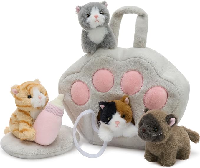 Tezituor 7Pcs Cat Stuffed Animal Set,Plush House with 4 Soft Realistic Kitten Toys,Cats Plushies for Kids Christmas Birthday Halloween Pet Gift – Interactive & Travel-Friendly Kitties Carrier Playset