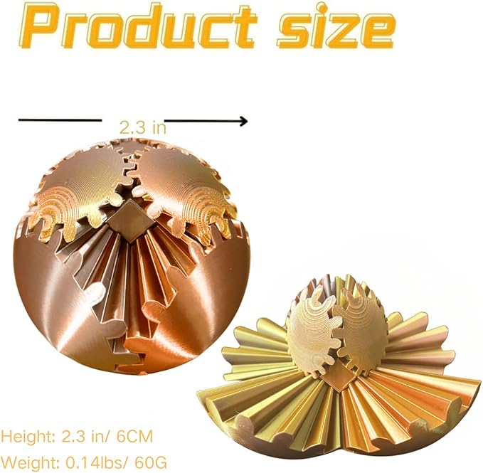 Gear Ball 3D Printed Spin Ball Cube Fidget Toys, Gear Sphere Fidget Toy, GearSphere Desk Toy Stress Fidget Balls, Fidgets Spinners for Adults & Kids Anxiety Relaxing (Laser Rose Gold, 2.3 Inch)