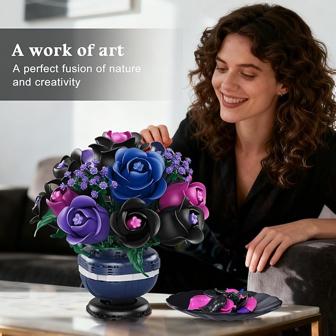 Flowers Botanicals Building Set - Artificial Purple Black Rose Bonsai Plant for Home Decor, 507PCS Artificial Flowers Building Set Indoor Gothic Decoration, Easter Birthday Gifts for Adults