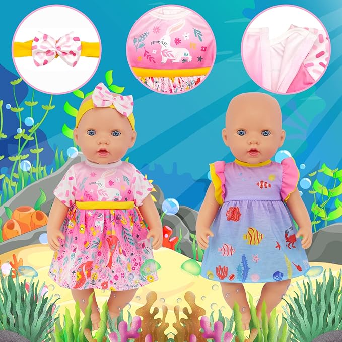 ECORELF 4 Set Doll Clothes, Baby Doll Clothes for 14 -16 Inch, 18 Inch Girl Doll Clothes Outfits and Accessories 7 Pcs Include Jumpsuit, Dresses, Headbands, Hats, Shoes (No Dolls)