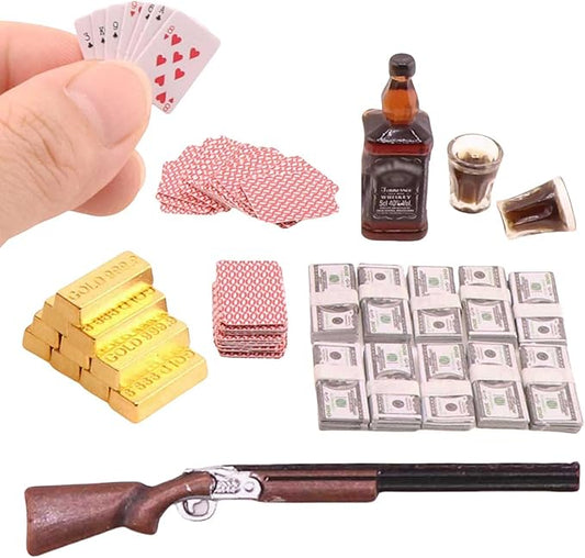 1 Set 1:12 Scale Miniature Doll Accessories Tiny Money Bills Playing Card Ornament Mini Rifle Mini Gold Bars Model for Doll House,Action Figure Scenc Props,DIY Craft Projects (1 12 A)