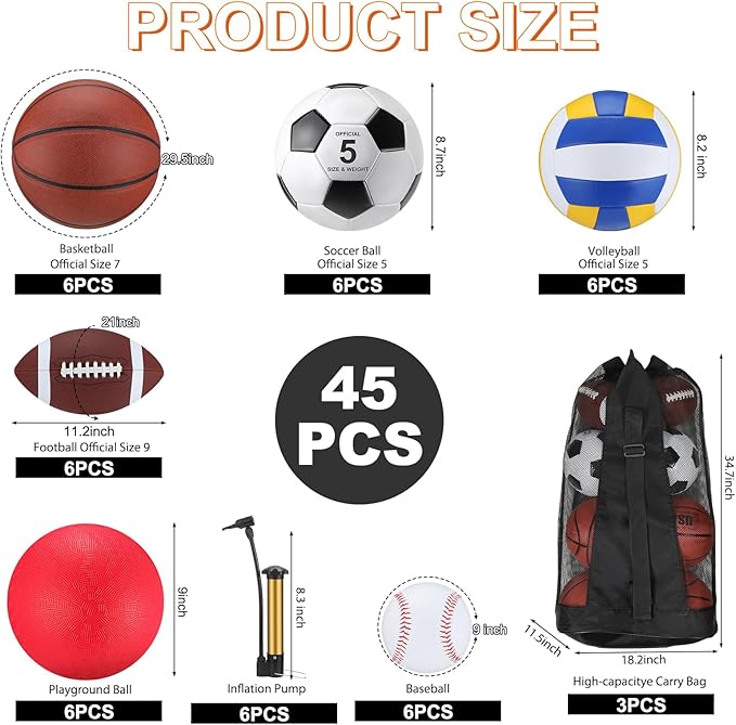 Liliful 36 Pcs Bulk Assorted Sports Balls Equipment Set with Pump & Carry Bag – Soccer, Basketball, Volleyball, Football & Playground Ball for School PE, Outdoor Game & Team Training