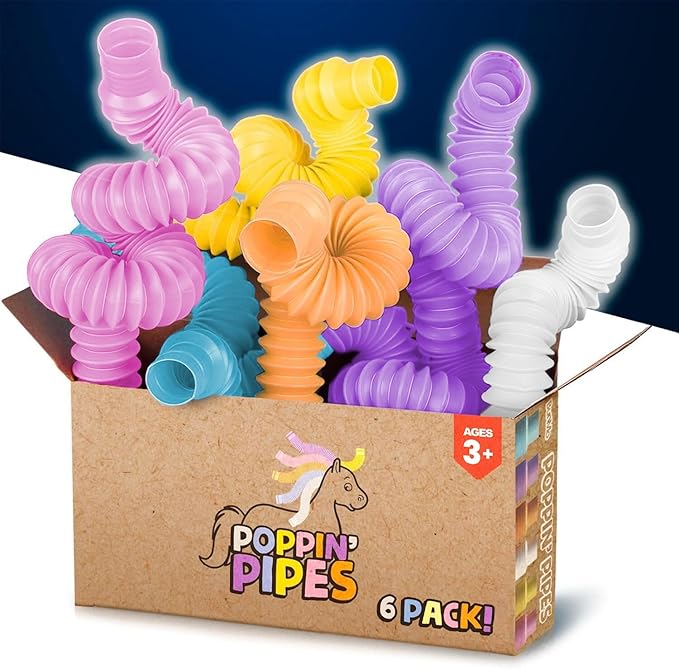 BUNMO Easter Basket Stuffers for Kids - Pop Tubes - Kids Easter Basket Stuffers - Sensory Fidget Toys - Creative Learning - Hours of Fun - Tons of Ways to Play - Non-Mouthable 3+ - 6 Pack Medium