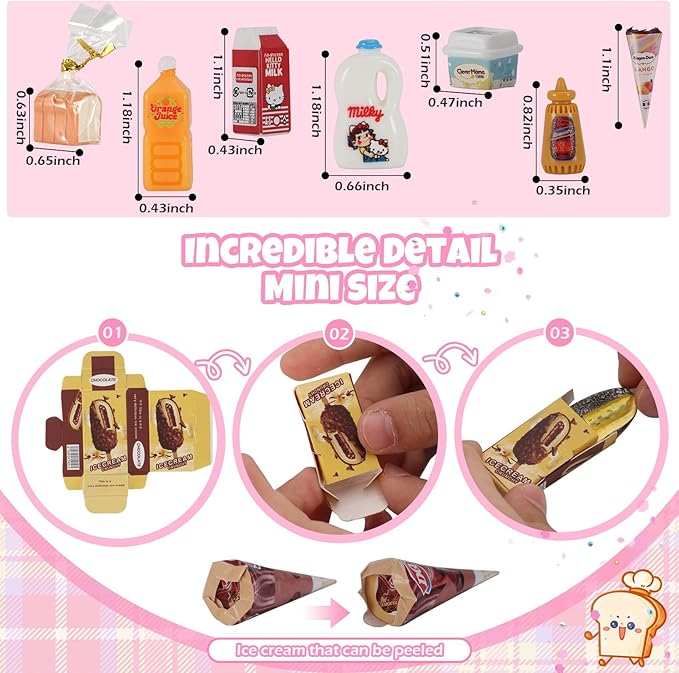 Mini Refrigerator Toy, Fill The Fridge with Ice Cream, Juice & 40+ Mini Food Toys for Dollhouse Accessories & Kitchen Playset. Realistic Refrigerator Play Gift for Kids.