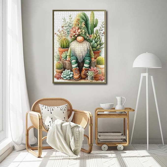 Cactus Gnome Puzzles for Adults 1000 Pieces Funny, Spring Succulent Plant Garden Cute Gnome Jigsaw Puzzles, Nature Flower Themed Challenging for Adults