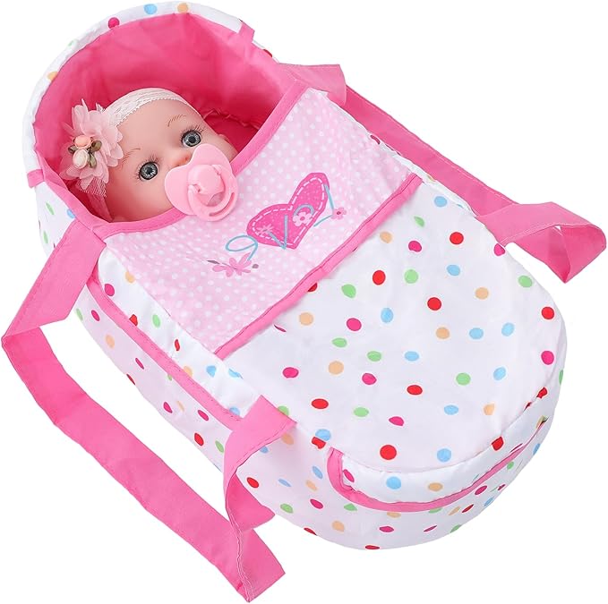 DONTNO 12 Inch Baby Doll with Bassinet Bed,Reborn Alive Doll Includes Clothes and Accessories,Bottles,Nipple,Diaper,Burp Cloth,First Baby Dolls for Toddlers 36 Months and Up