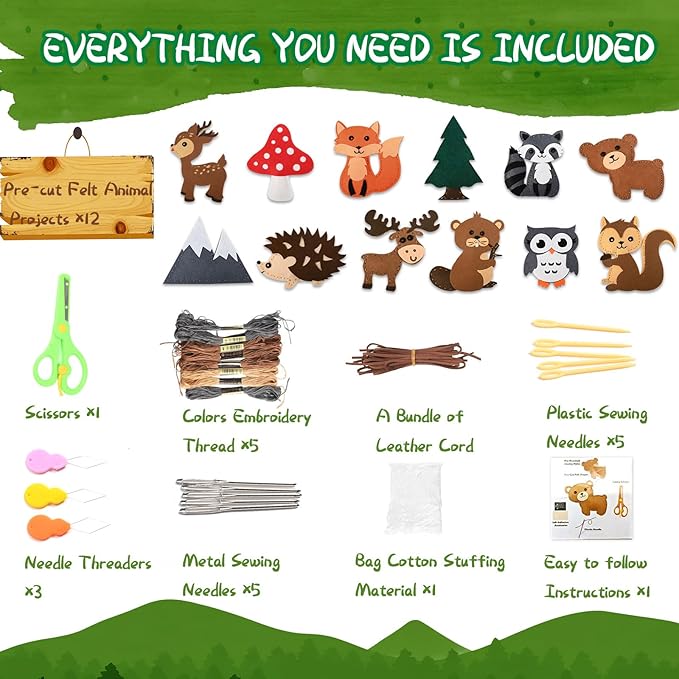 GOASION Sewing Kit for Kids, Woodland Animals Kids Sewing Kit, Pre Punched Design for DIY Hanging Decorations, Sewing Tit for Beginners Age 8-12, Boys & Girls Birthday Gift