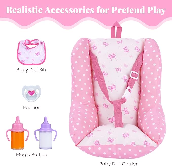 BABESIDE Baby Doll Carrier for 17–22 Inch Dolls, Soft Fabric Doll Carrier Seat with Bottles & Bib, Pretend Play Baby Doll Accessories for Girls, Lightweight Gift for Kids