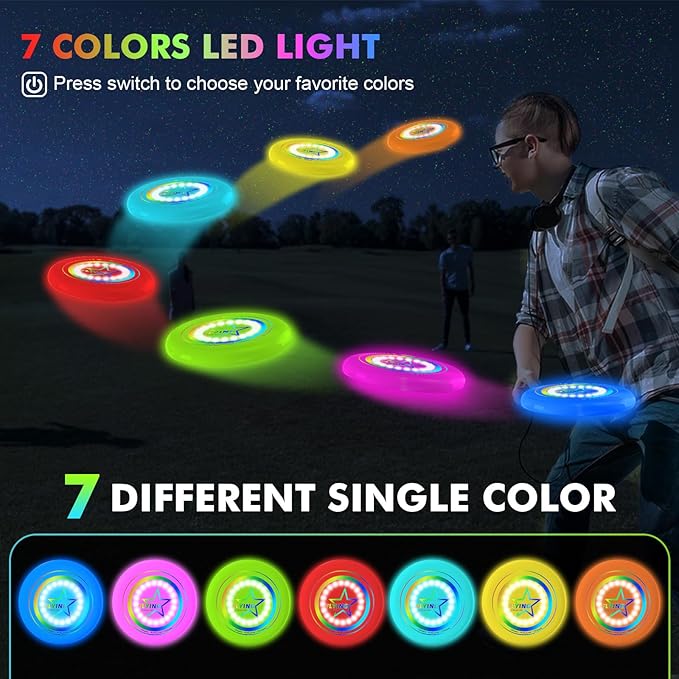 Light Up Flying Disc Toy Kids, Adults, Teens – 7 Glow in the Dark Modes, 22 Bright LEDs, Rechargeable, Outdoor Flying Sport Disc for Night Games, Family Fun, Beach, Park, Camping