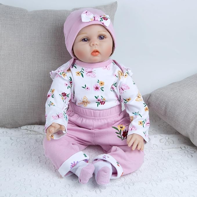 4 Pcs Reborn Baby Doll Clothes 20 Inch Girl Pink Outfit Accessories for 20-22 Inch Reborn Dolls Newborn Baby Flower Clothing Set