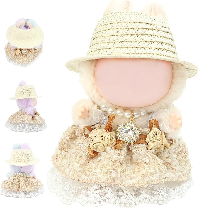 Clothes for labubu Skirt Set for Doll 3 Piece Set with Dress Outfit Hat Necklace Chic Dress for Dolls Accessories (NO Doll)(Cream Tweed)