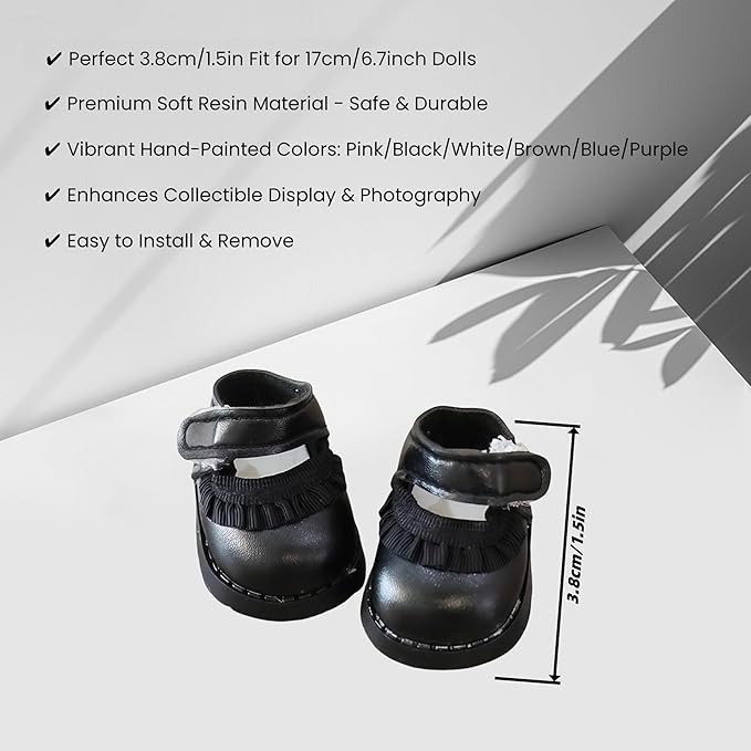 Doll Shoes for Lu bubu 17cm Dolls(No Doll) , Mini Shoes Accessories, Cute PU Leather Lace Shoes Suitable for 17cm Doll, Dress Up Doll Shoes Replacement Black