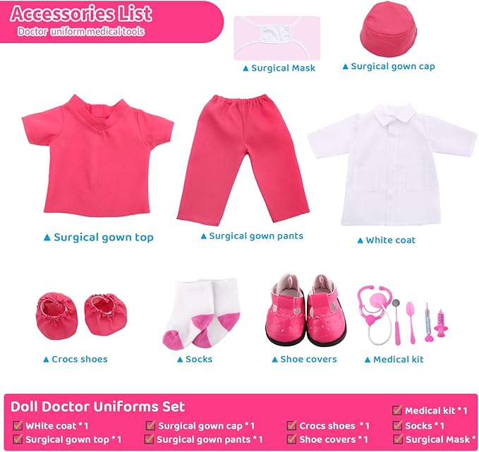 MSYO 18 Inch Doll Doctor Playset-Pretend Play Medical Kit with White Coat,Scrubs & Surgical Tools,Stem Roleplay Costume for Kids Ages 3-12,Fits Most 18 Inch Girl & Boy Dolls(Rosy)