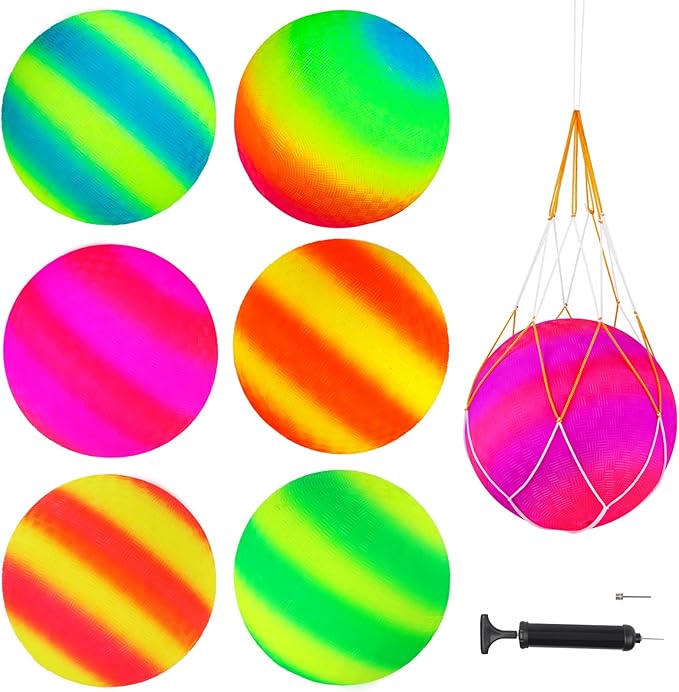 Hooqict 6 Pack 8.5 Inch Playground Balls with Hand Pump and 6 Portable Ball Net Bags Inflatable Sports Balls for Kids Toddlers Kickballs Dodgeball Handballs Recess Balls Indoor Outdoor Games