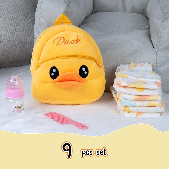 Pedolltree Reborn Baby Doll Diaper Bag Care and Feeding 9 Pcs Set for 17-24 inches Reborn Dolls Accessories Newborn Baby with Yellow Duck Backpack