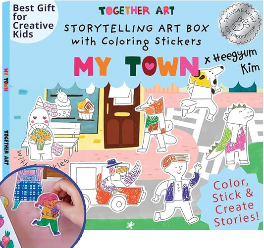 Together Art My Town Color Your Own Storytelling Sticker Kit - Hand-Drawn Scenes & Coloring Your Own Stickers - DIY Arts & Crafts Gift for Kids 4-10 - Designed, Partially Produced & Assembled in USA