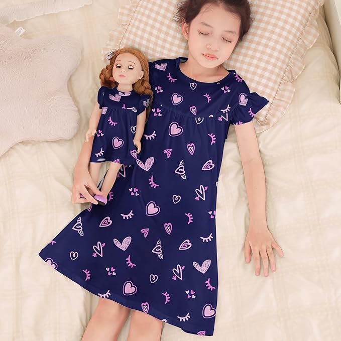 ICOSY Matching Doll & Girls Nightgowns Clothes Girls Pajamas Sleepwear Outfit for Kids and 18" Girl Doll