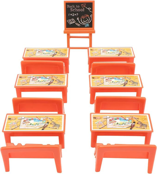13pcs Mini School Desk for Dolls Classroom Furniture Table Chairs Chalkboard Model Dollhouse Playset Toy for Kids