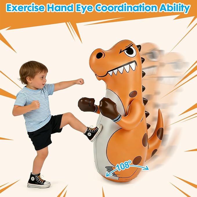 Inflatable Dinosaur Punching Bag for Kids, 47" Toddler Blow up Punching Bag for Ages 3-14, Children Bop Bag Toys & Gifts with Bounce-Back Action