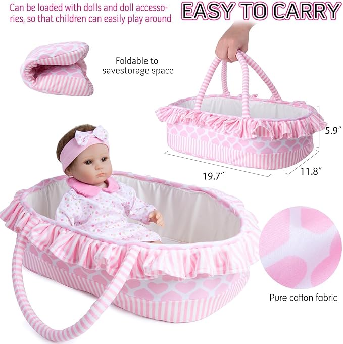 10 Pcs Reborn Baby Doll Clothes Pink Outfit Accessories for 16-18 Inch Reborn Dolls Newborn Baby Girl Clothes Set with Bassinet