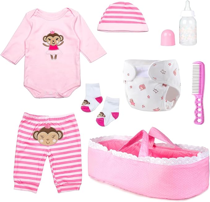 8-Pieces Reborn Baby Doll Clothes with Bassinet for 17-22 Inches Baby Dolls Pink Monkey Pattern Dolls Clothes Outfits Accessories Newborn Baby Girl