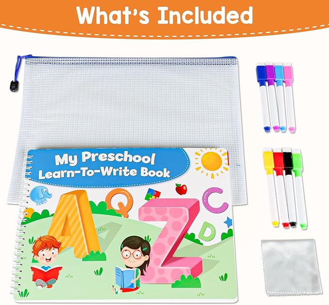 Preschool Learning Activities Educational Workbook, Learn to Write Alphabet Practice Book, Tracing Letter Number Colors Shapes Autism Learning Materials, Great for Kindergarten Preschool Classroom.