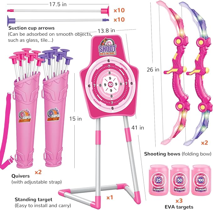 GMAOPHY 2 Pack Bow and Arrow Toy for 5 6 7 8 9 10 11 12 Year Old Boys, Birthday for Kids, Indoor Outdoor Sport Games Toys for Ages 4-8 8-12, LED Light Up Archery Set with 20 Toy Arrows (Pink)