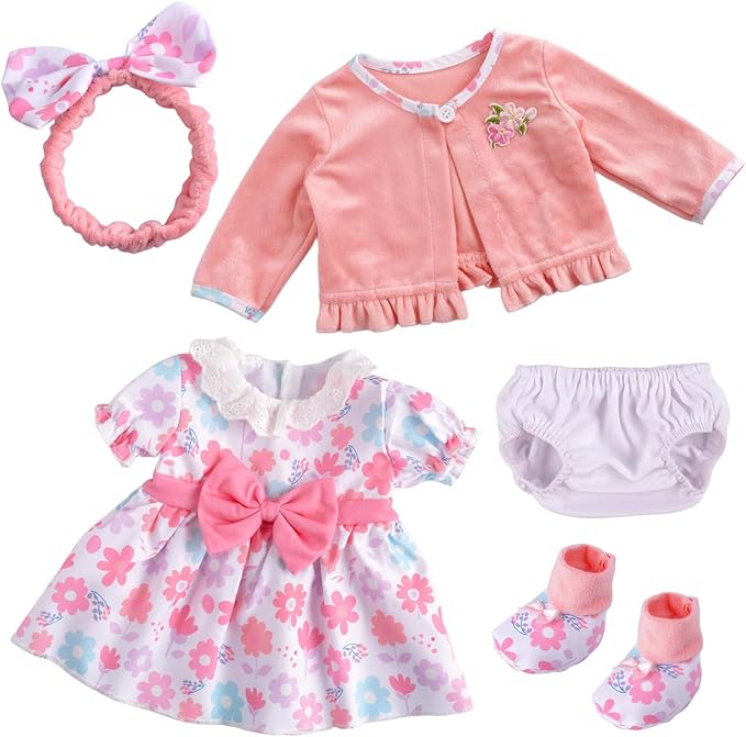 BABESIDE 5-Piece Reborn Baby Doll Clothes Set Fits 17-22 Inch Dolls with Floral Dress, Headband, Coat, Baby Doll Reusable Diaper and Socks,Pretend Play Accessories for Ages 3+