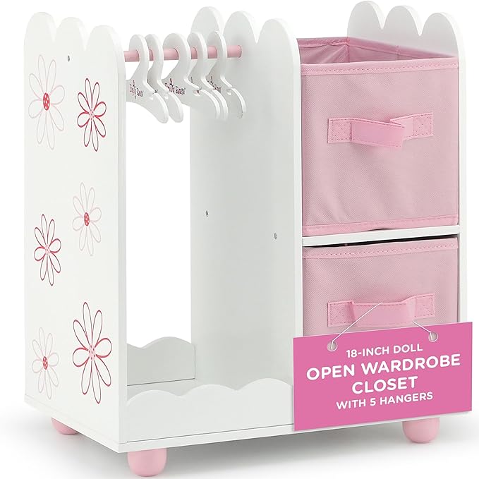 Emily Rose 18 Inch Doll Wardrobe Closet Organizer - Open Storage Armoire with Clothes Hangers & Bins - Wooden Furniture for American Girl Dolls - Floral Design