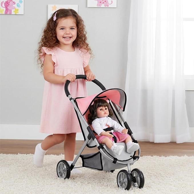 GAGAKU Baby Doll Stroller, Toy Stroller with Canopy, Double Front Wheels, Storage Basket & Adjustable Belt, Lightweight Pretend Play Stroller for Kids Ages 3+, Pink/Gray